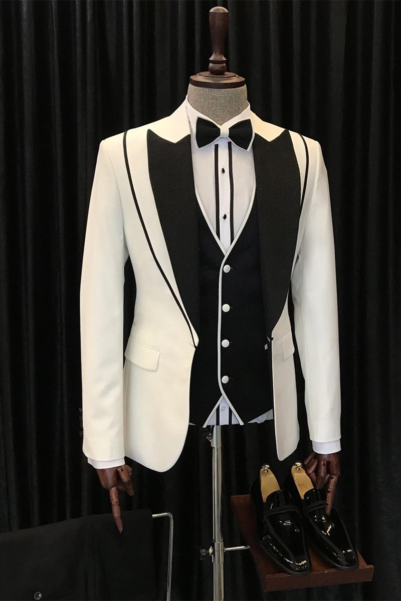Peaked Lapel Luxurious White And Black Three Pieces Wedding Suits | Ballbellas Ballbellas