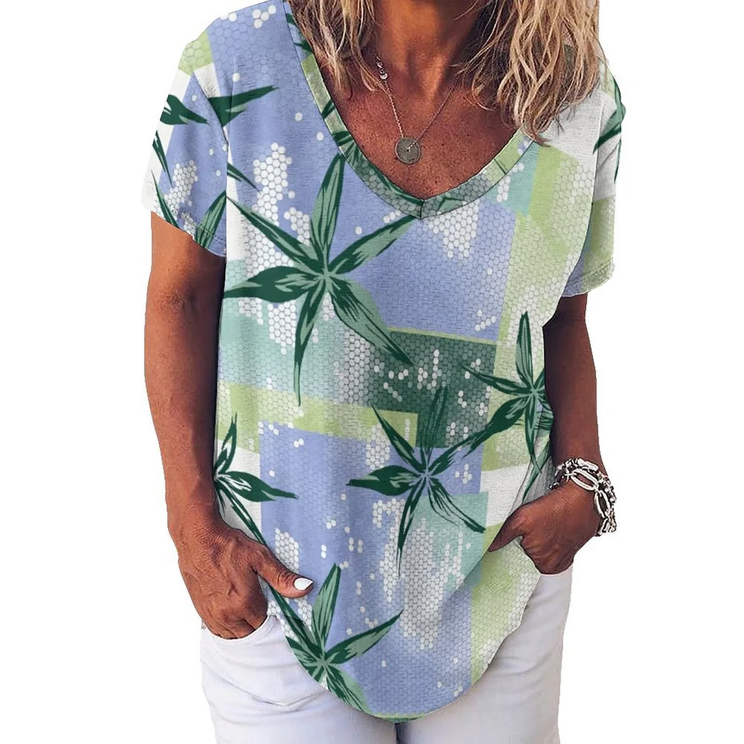 Style & Comfort for Mature Women V-neck Short Sleeve Casual T-shirt for  Women Printed with Pattern Leaf, Green, Blue