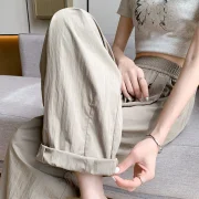 Ohanaparts Summer Women's Wide Leg Pants Thin High Waist Loose Ankle-Length Pants Solid Khaki Cool Capris Casual Harem Pants for Women