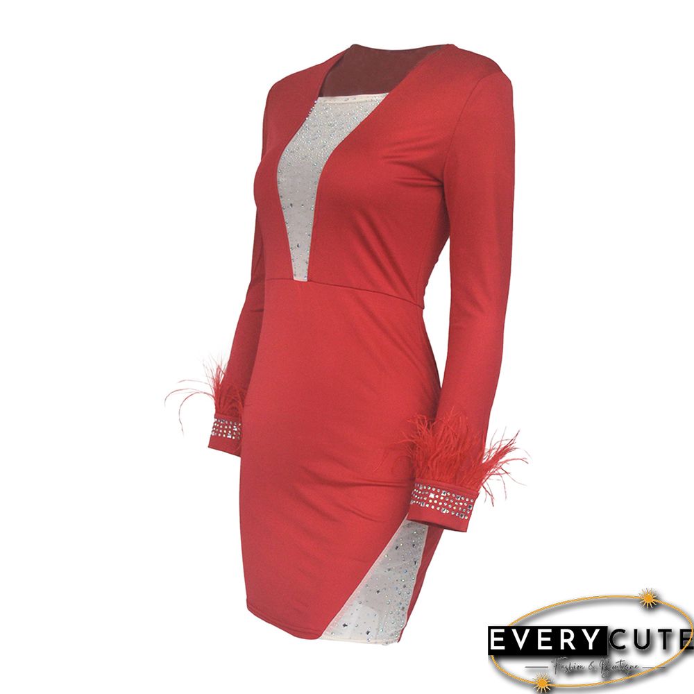 Red Mesh & Rhinestones & Feather Detail Bodycon Dress