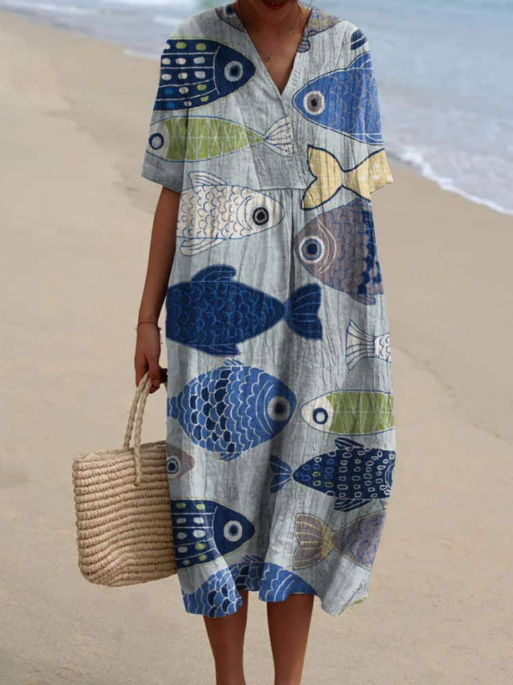 Women's Vintage Lovely Fish Art Print Flowy Dress