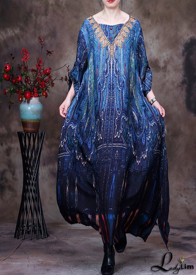 Elegant Peacock Blue V Neck Print Side Open Button Silk Long Dresses Summer