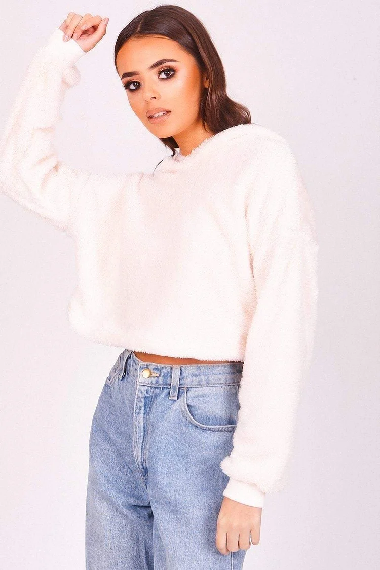 Cream Teddy Fur Cropped Hoodie Katch Me