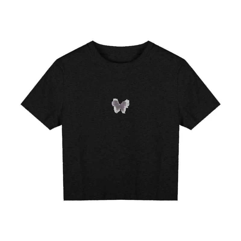 Brownm Brownm Girl Butterfly Print Short-Sleeved T-Shirt Female 2024 Summer Slim Slim Short Crop Student Top Tide