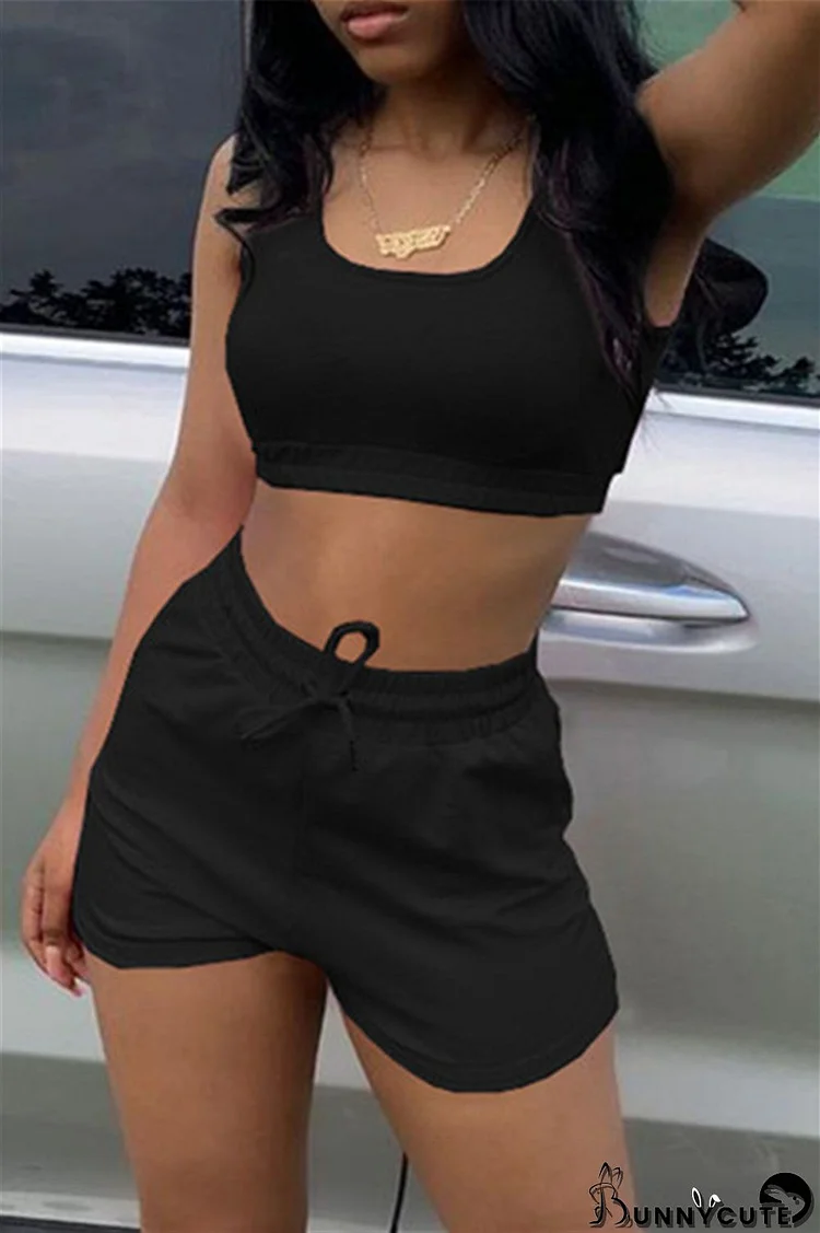 Black Fashion Casual Sportswear Solid Patchwork U Neck Sleeveless Two Pieces