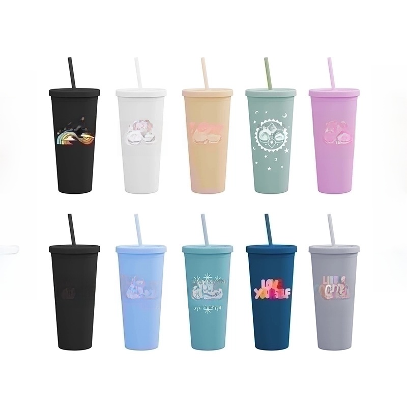 Double-layer Plastic Straw Cup With Lid 24oz Large-capacity Plastic Frosted Ready-to-hand Water Cup