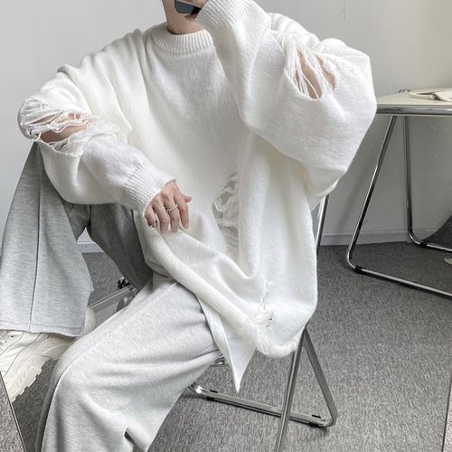 Dawfashion-Funeral Lazy Street Retro Ripped Sweater-Yamamoto Diablo Clothing