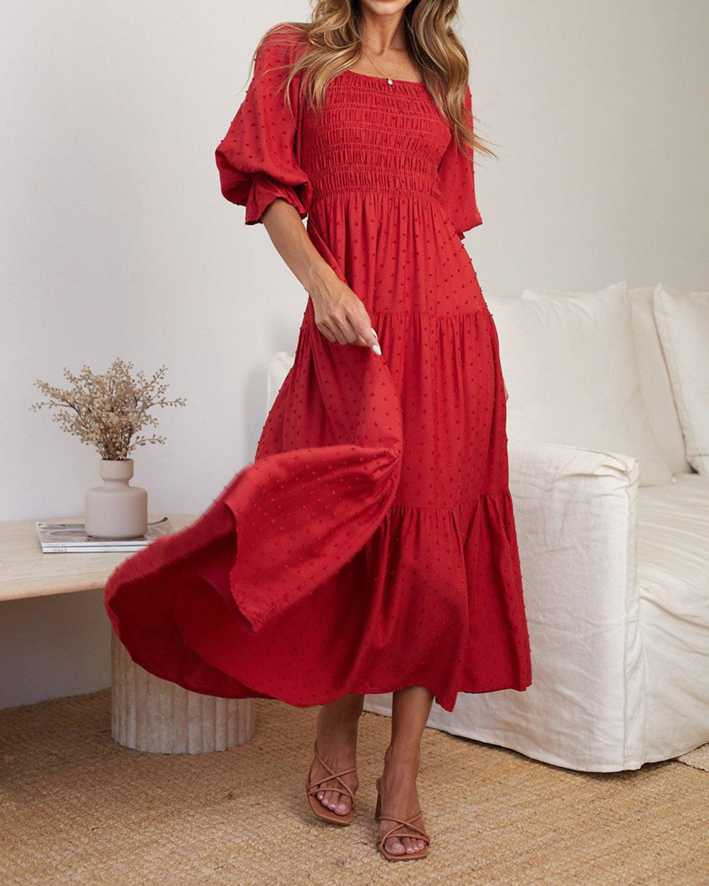 Square Neck Tiered Solid Color Vacation Maxi Dress