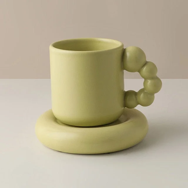 Bubble Handle Coffee Mug with Saucer-Big Handle Ceramic Mug