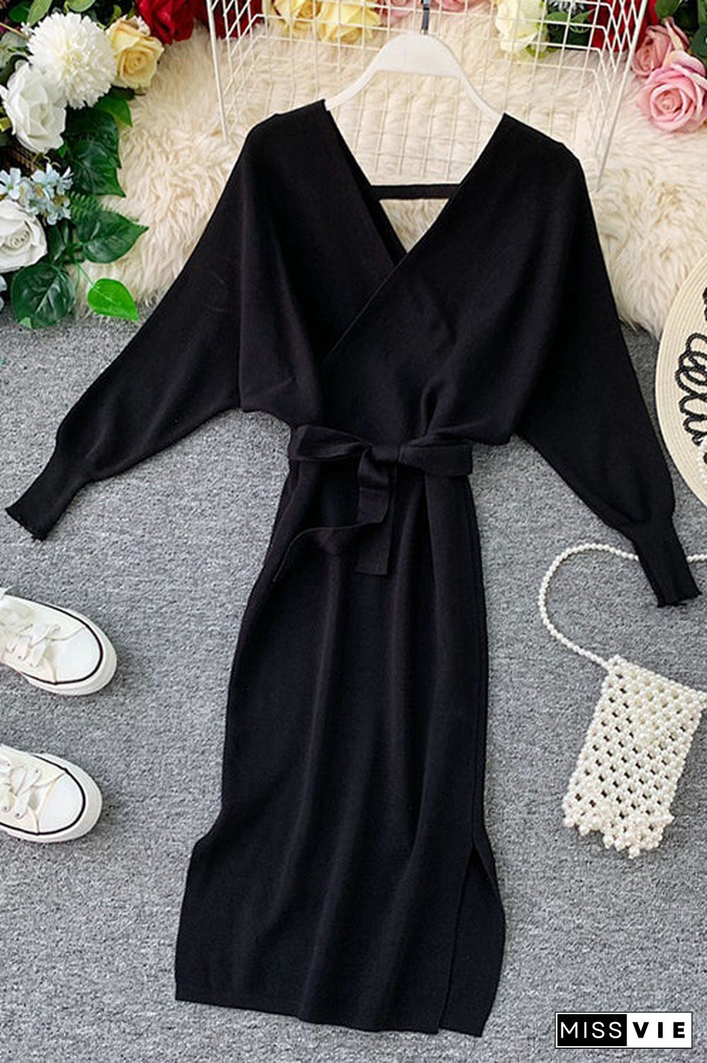 Surplice Wrap Side Slit Sweater Dress