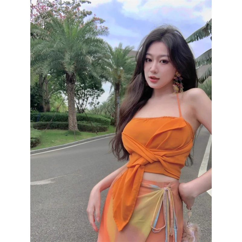 Wongn Wongn Dopamine Vacation Style Suit Sexy Sleeveless Strapless Top And Orange Tie-Dye Design Niche Dress