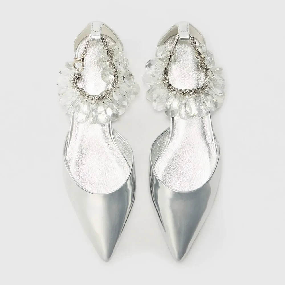 Silver Pointed Toe Chain Strap Rhinestone Flat Shoes for Women