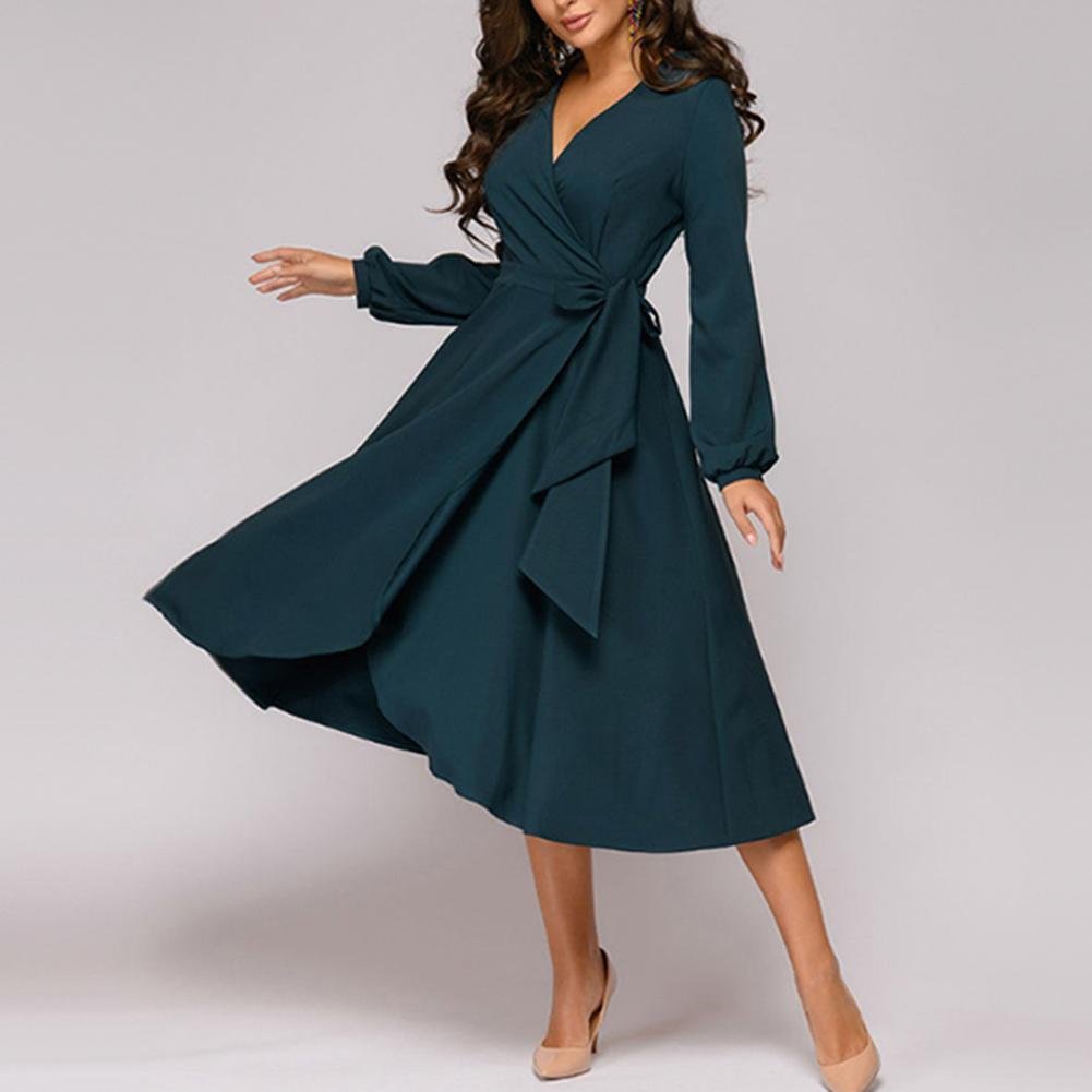 Chic Women Solid Color V Neck Long Sleeve Waist Tight Large Swing Midi Dress Suitable for Party Dance Cocktail Banquet Xmas gift