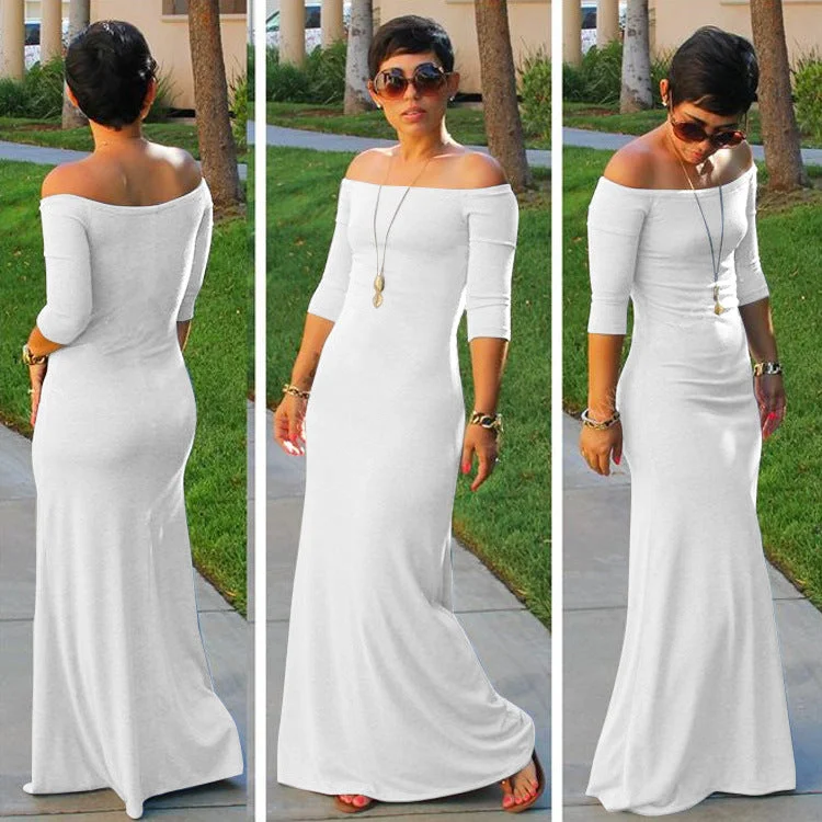 Off-the-Shoulder Three-Quarter Sleeve High Waist Long Formal Dress Gray Dress