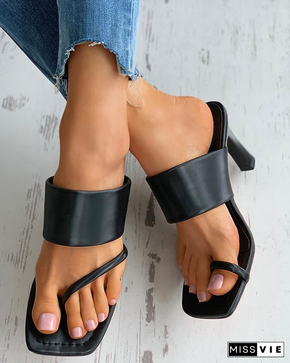 Square Toe Post Heel Mule Sandals