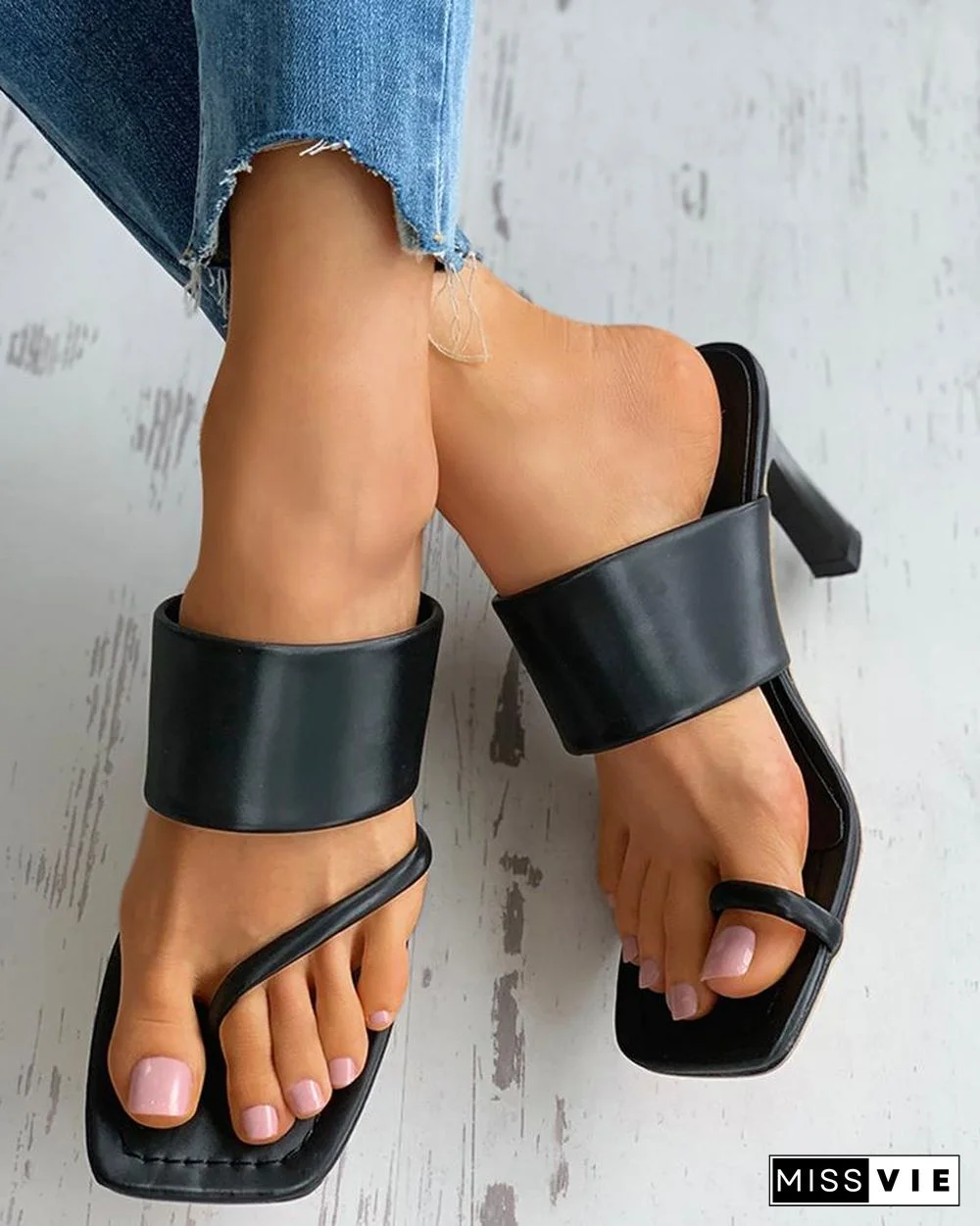 Square Toe Post Heel Mule Sandals