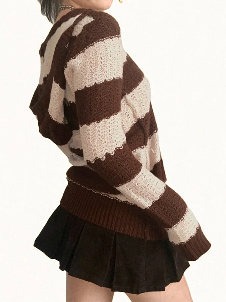 Rapcopter Prepply Kawaii Sweaters Striped Hooded Jumpers Vintage Long Sleeve Academic Knitwear Women Retro Korean Clothing Fall