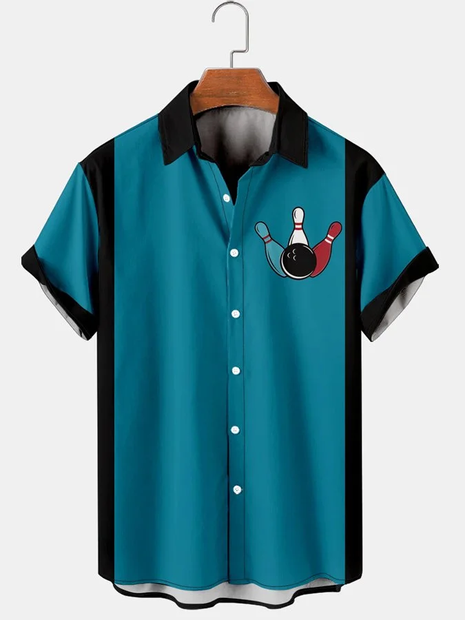 Holiday Leisure Retro Bowling Element Alphabet Pattern Hawaiian Style Printed Shirt