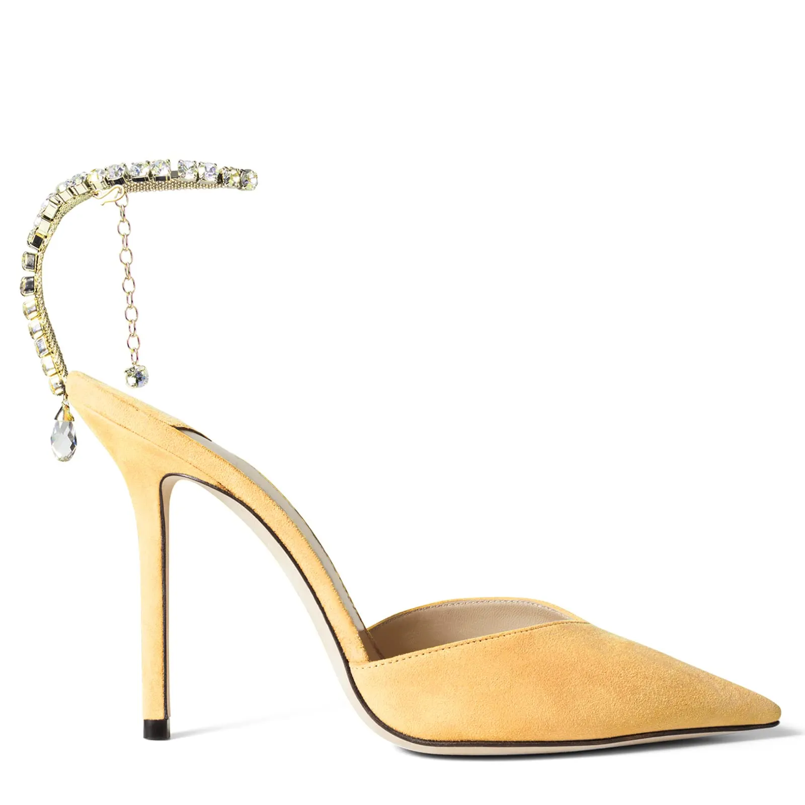 100mm Women's Sandals Crystal Chain Rhinestone Embellished Strap Suede Pumps Pointy Stilettos Backless Shoes-vocosishoes