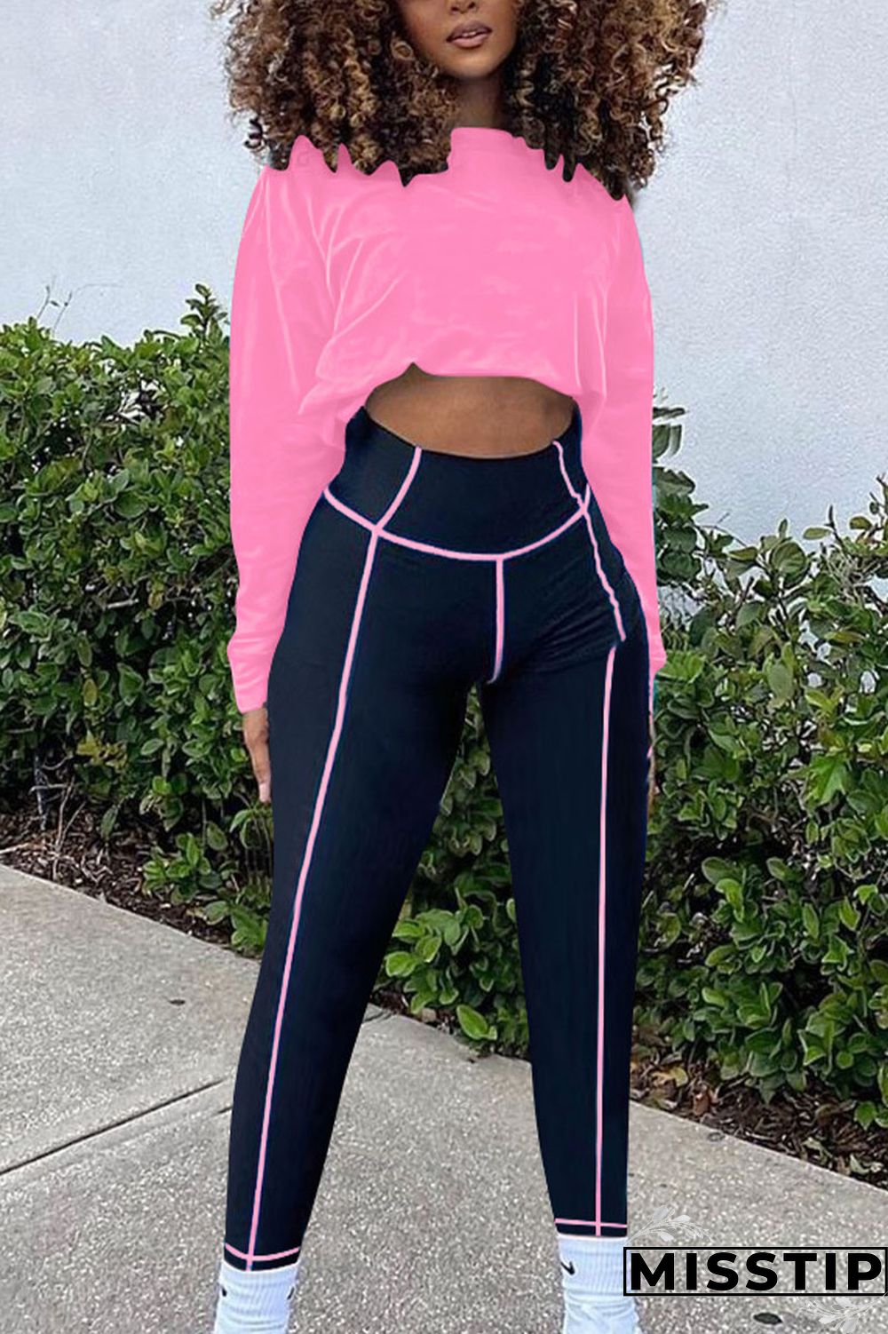 Pink Sexy Solid Patchwork O Neck Long Sleeve Two Pieces