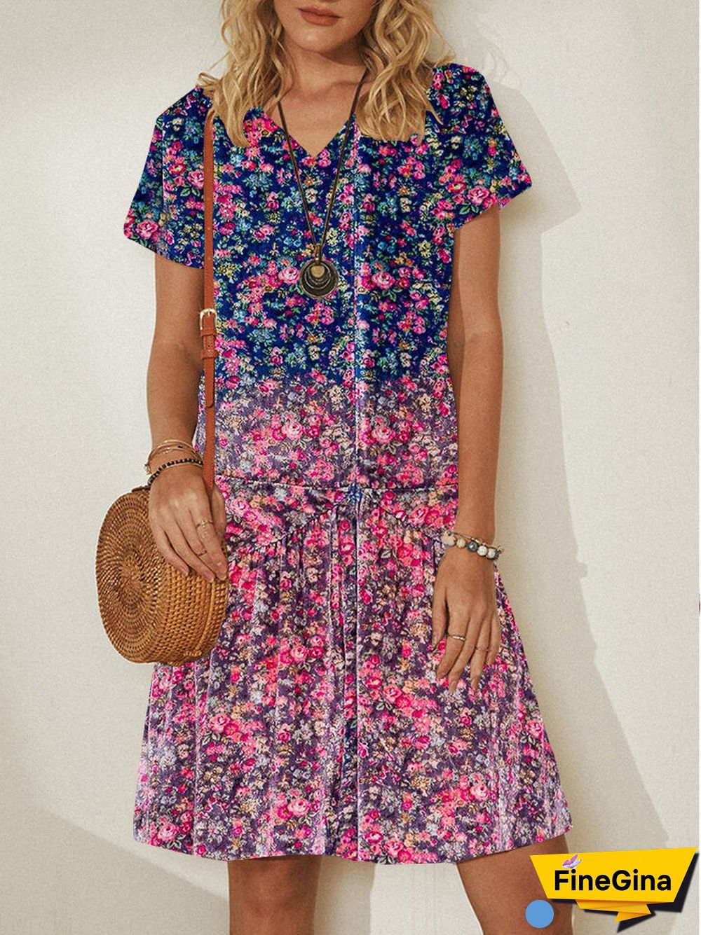 Women Short Sleeve V-neck Floral Printed Gradient Midi Dress