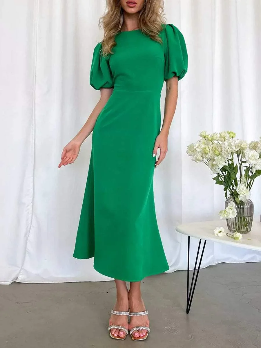 Simple High Waist Puff Sleeve Midi Dress