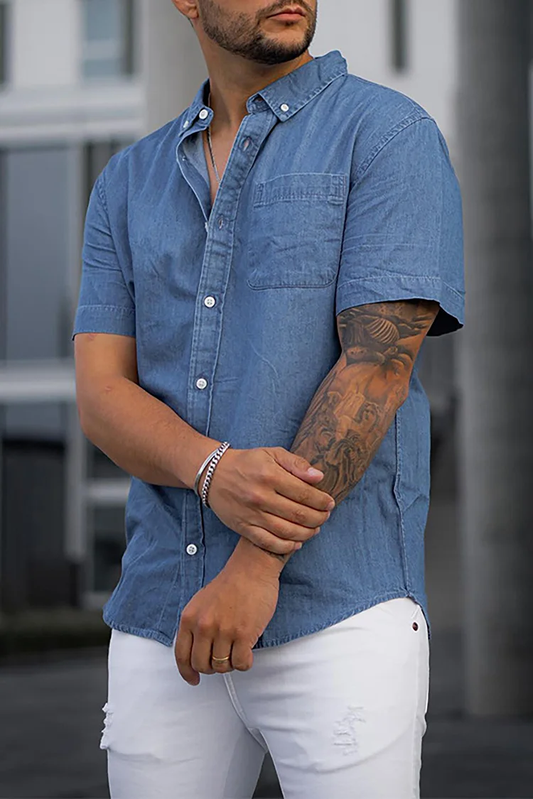 Men's Lapel Short Sleeve Casual Loose Blue Shirt