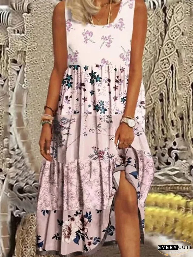 Casual Dress Tank Dress Tiered Dress Floral Ruched Patchwork Crew Neck Midi Dress Active Fashion Outdoor Daily Sleeveless Loose Fit Pink Summer Spring S M L XL XXL for Women