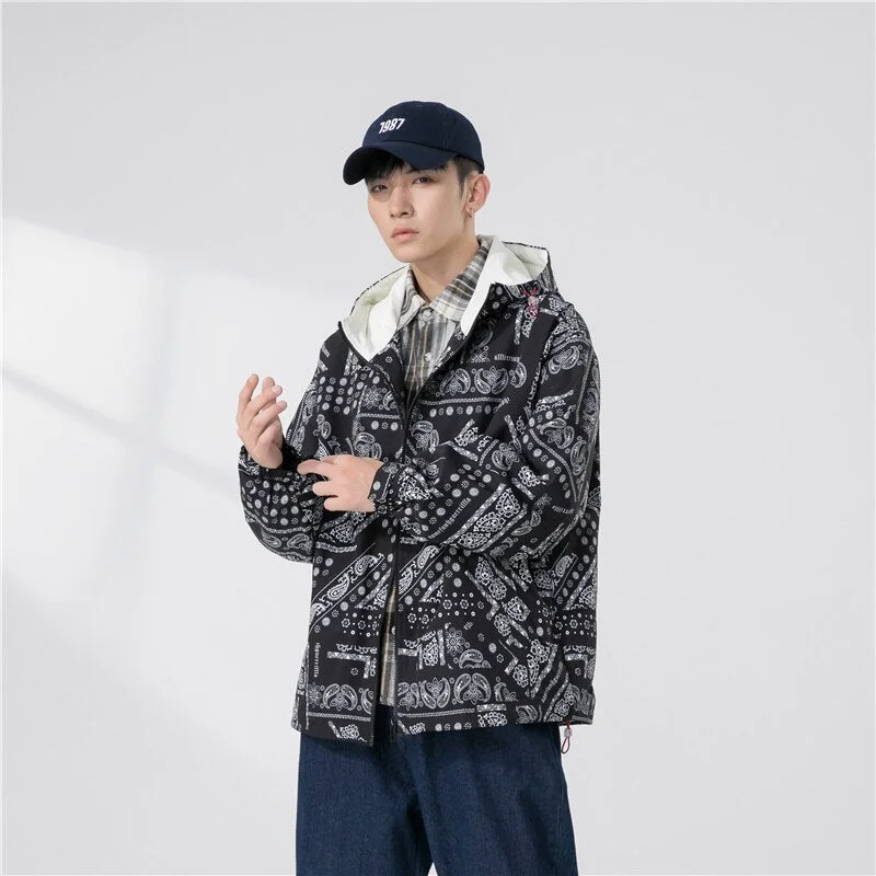Aonga Spring Autumn  Student Youth Men's Coat Design Thin Windbreaker Korean Style Simple Baggy Hooded Print Jacket