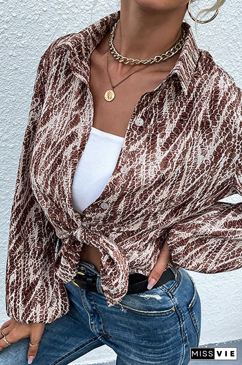 Casual Street Print Buckle Turndown Collar Tops