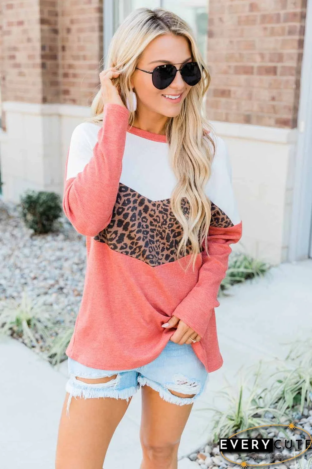 Red Leopard Print Stitching Color Block Long Sleeve Top