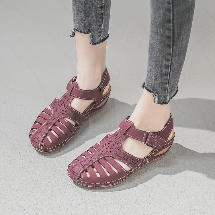 Women's Vintage Plus Size Round Toe Wedge Soft Sole Sandals  Stunahome.com
