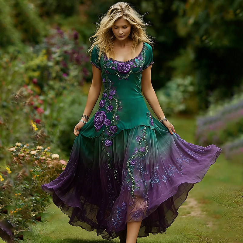 Women's Vintage Purple Rose-patterned Casual Crew-neck Dress elevenforest