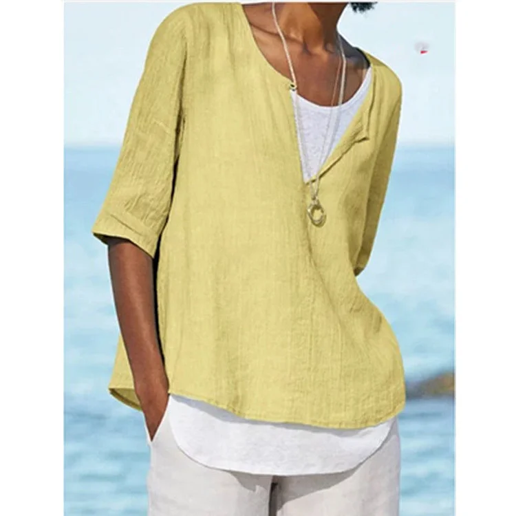 V-neck solid color cotton and linen plus size women's shirt socialshop