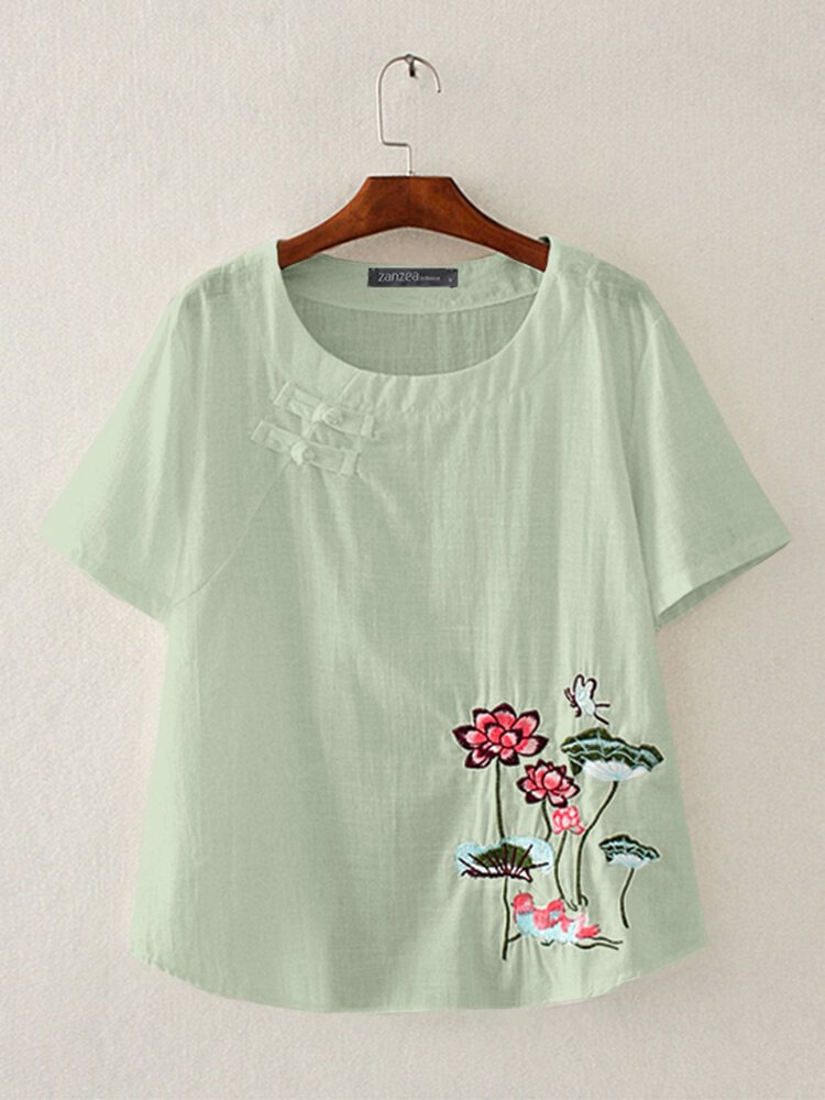 Dish Flower Embroidery Vintage Short Sleeve O neck T shirt P1856617