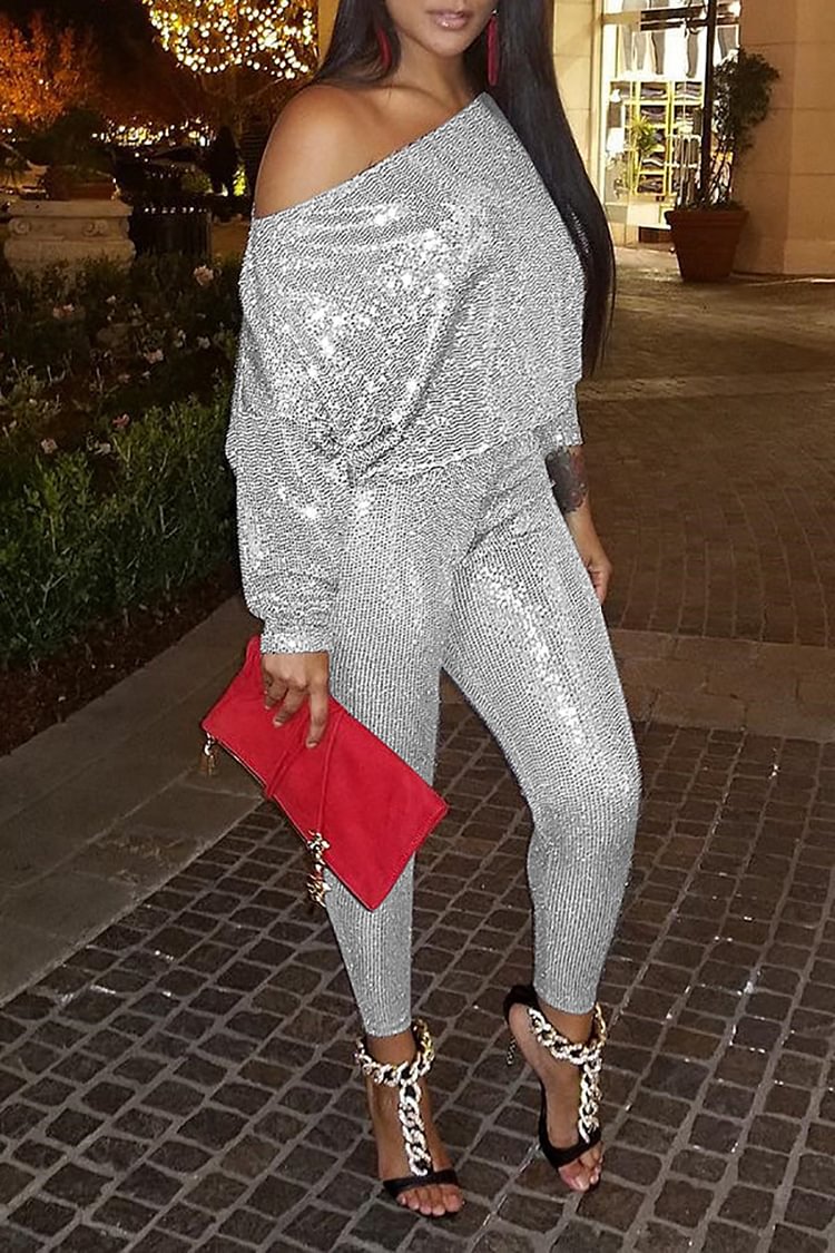 Xpluswear Plus Size Evening Off Shoulder Silver Sequin Long Sleeve Two Pieces Pants Set 