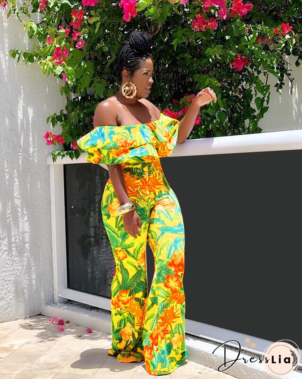 Sexy Off Shoulder Ruffles Floral Printed Wide-legs Jumpsuit