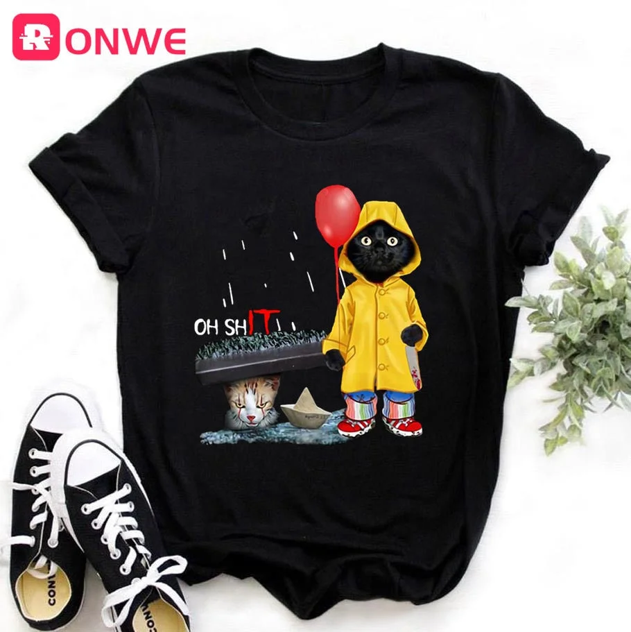 Women Funny Black Cat Print Tshirt Girl Harajuku Casual White Top Tees Female 90s Clothes,Drop Shipping