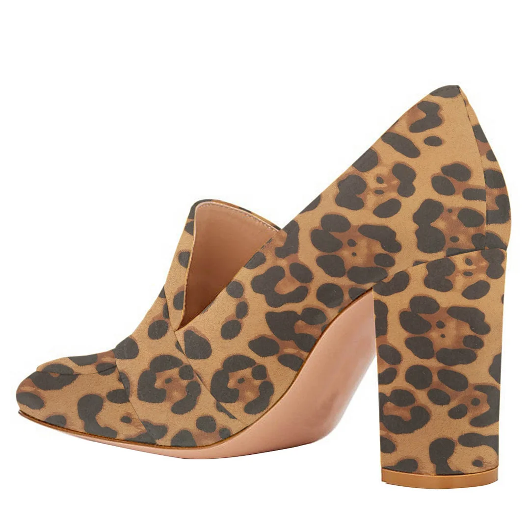 Vegan Suede Leopard Print Square Toe Round Buckle Loafer Heels