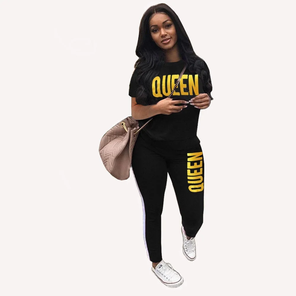 CM.YAYA Active Queen Striped Sweatsuit Women's Set Tee Tops Jogger Pants Set Sporty Tracksuit Two Piece Set Fitness Outfit 2021