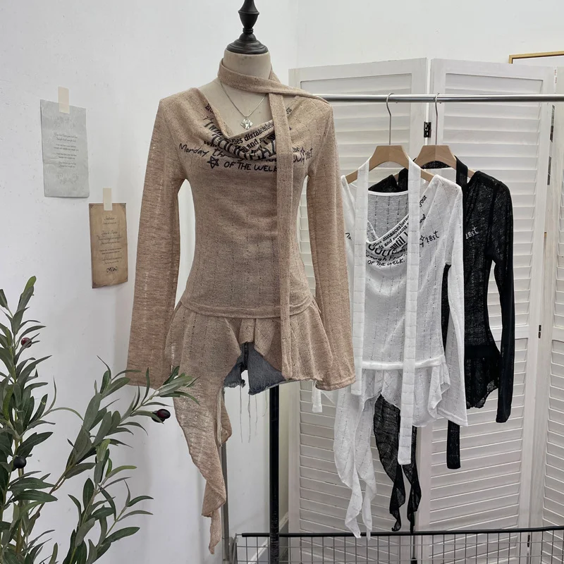 Nigikala Nigikala Shooting Retro Irregularly Hollow Knitted Jersey Dress Girl With Hottie Word Shoulder Collar Blouse 8101