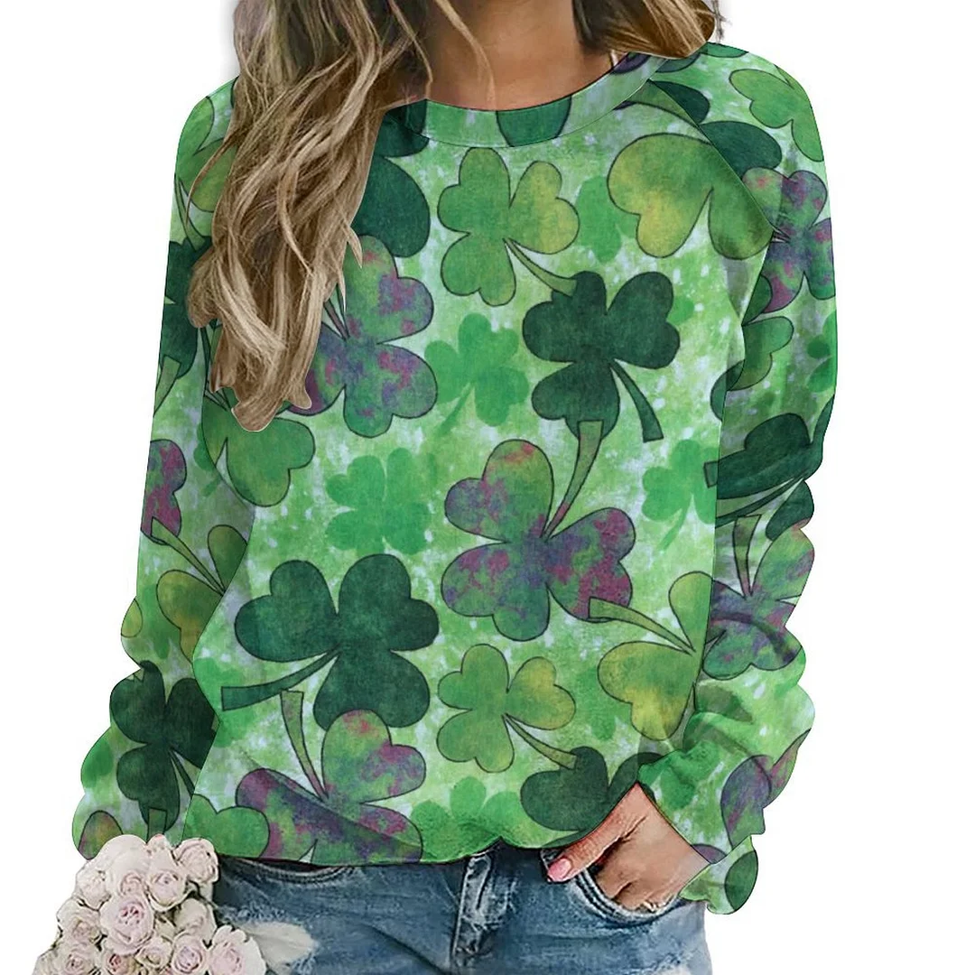 Printed Long Sleeve Casual Sweatshirt for  Women and Men Unisex Pattern St. Patrick's Day, Green, Clover, Lucky