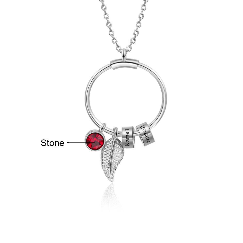 Collana con ciondolo foglia e cerchio 2 nomi e 2 pietre di nascita personalizzati regalo per donna
