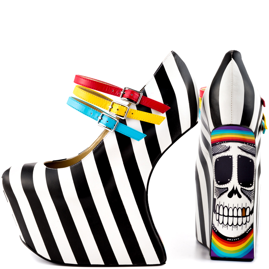 Black and White Heels Stripes Skull Platform Pumps Closed Toe Wedges Nicepairs