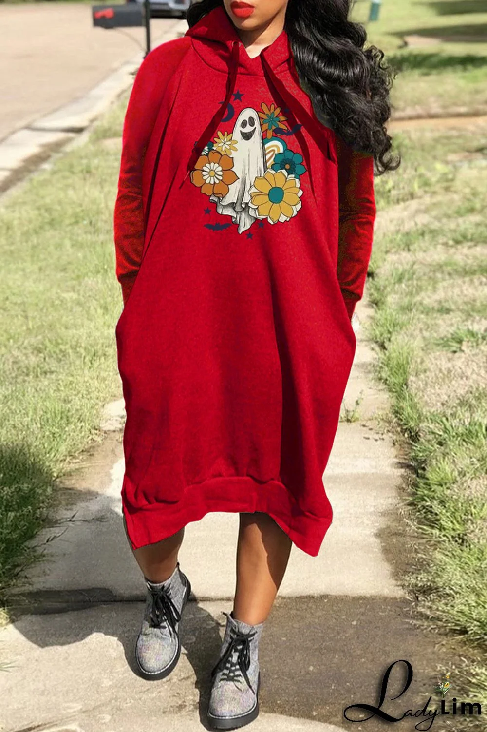 Red Casual Print Basic Hooded Collar Long Sleeve Dresses