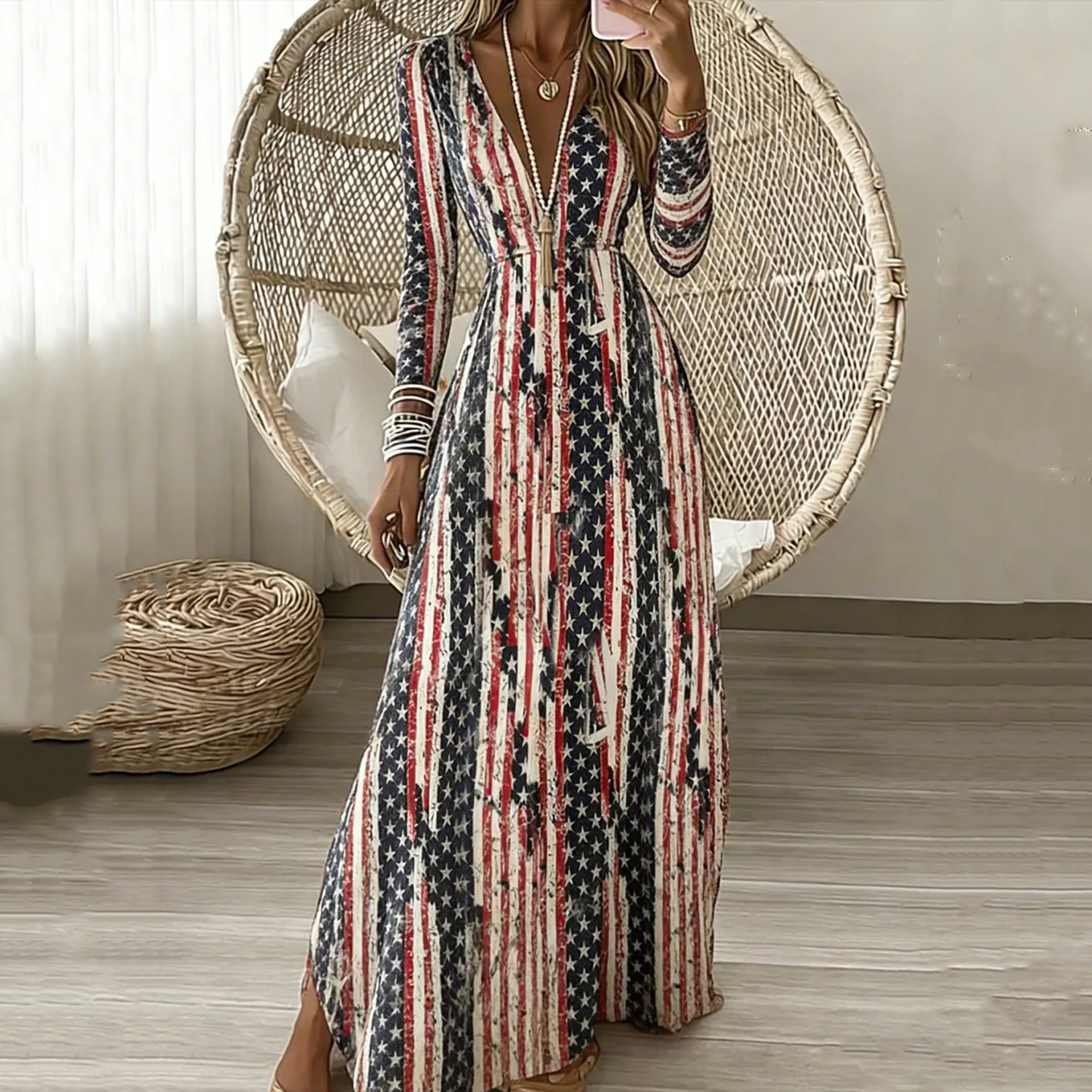 Comstylish Women Star Contrast Design Print Long Sleeve A-line Dress