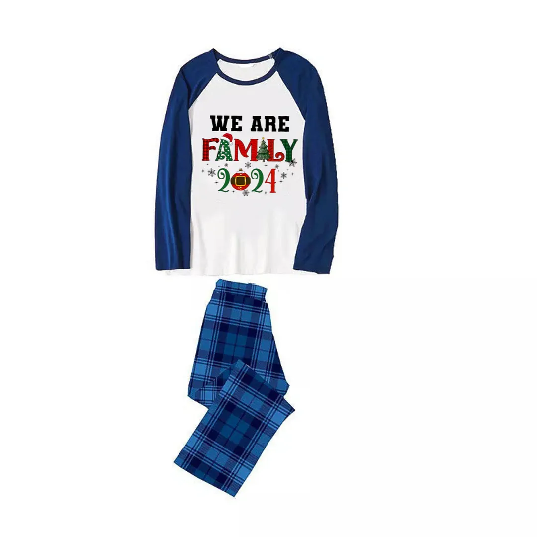 "We are Family Christmas" Christmas Pattern Printed Navy Blue and Black Plaid Christmas Family Pajamas