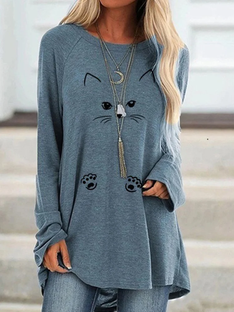 Lovely Cat Face Printed Long-Sleeve Tee Dress