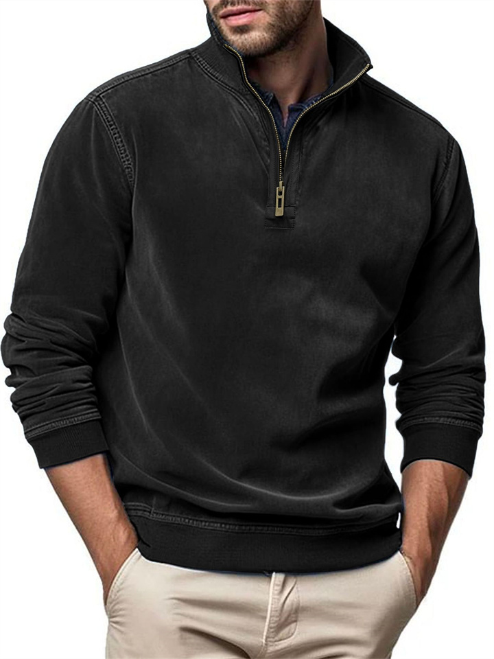 Fall and Winter Men's Long-sleeved Zipper Stand-up Collar Sweater Men's Henry Collar Faux Leather Line Tops