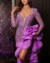 Women's Purple Slit Ruffled Sequin Dress